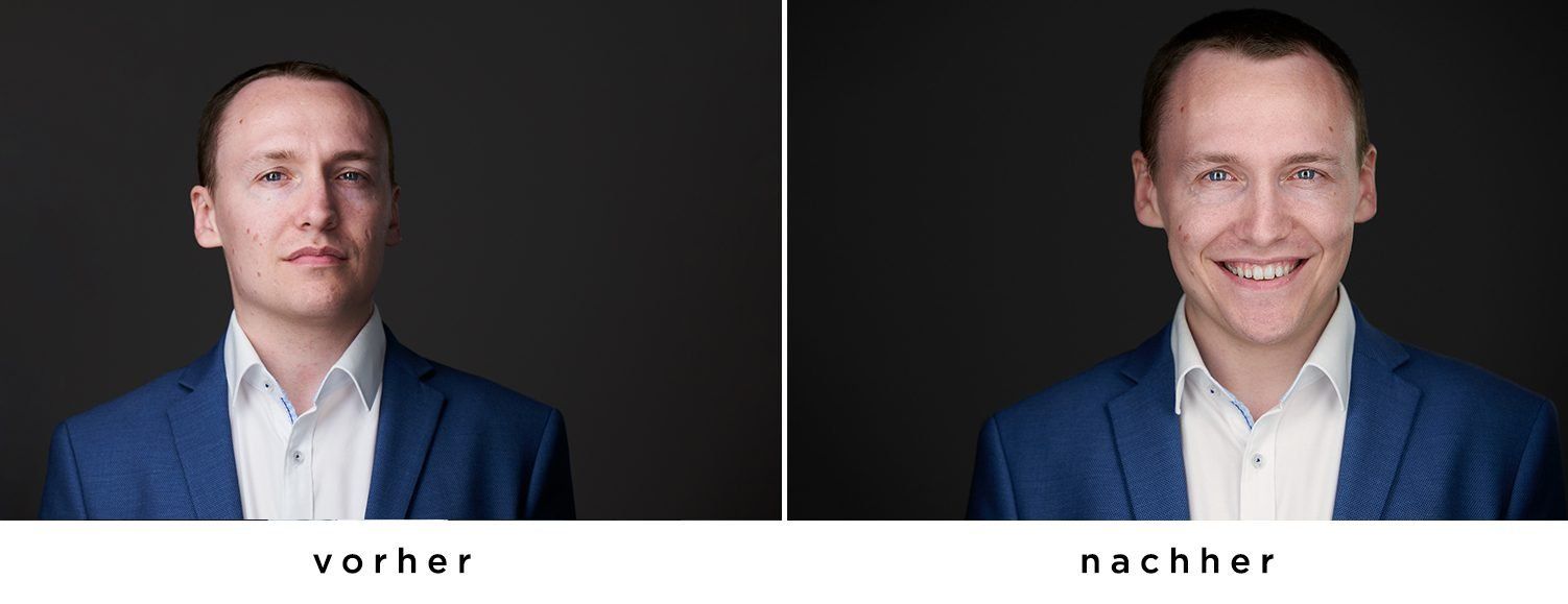 Vorher/Nachher: Mann in Businesskleidung – vorher neutraler Ausdruck, nachher frisiert und mit breitem Lächeln